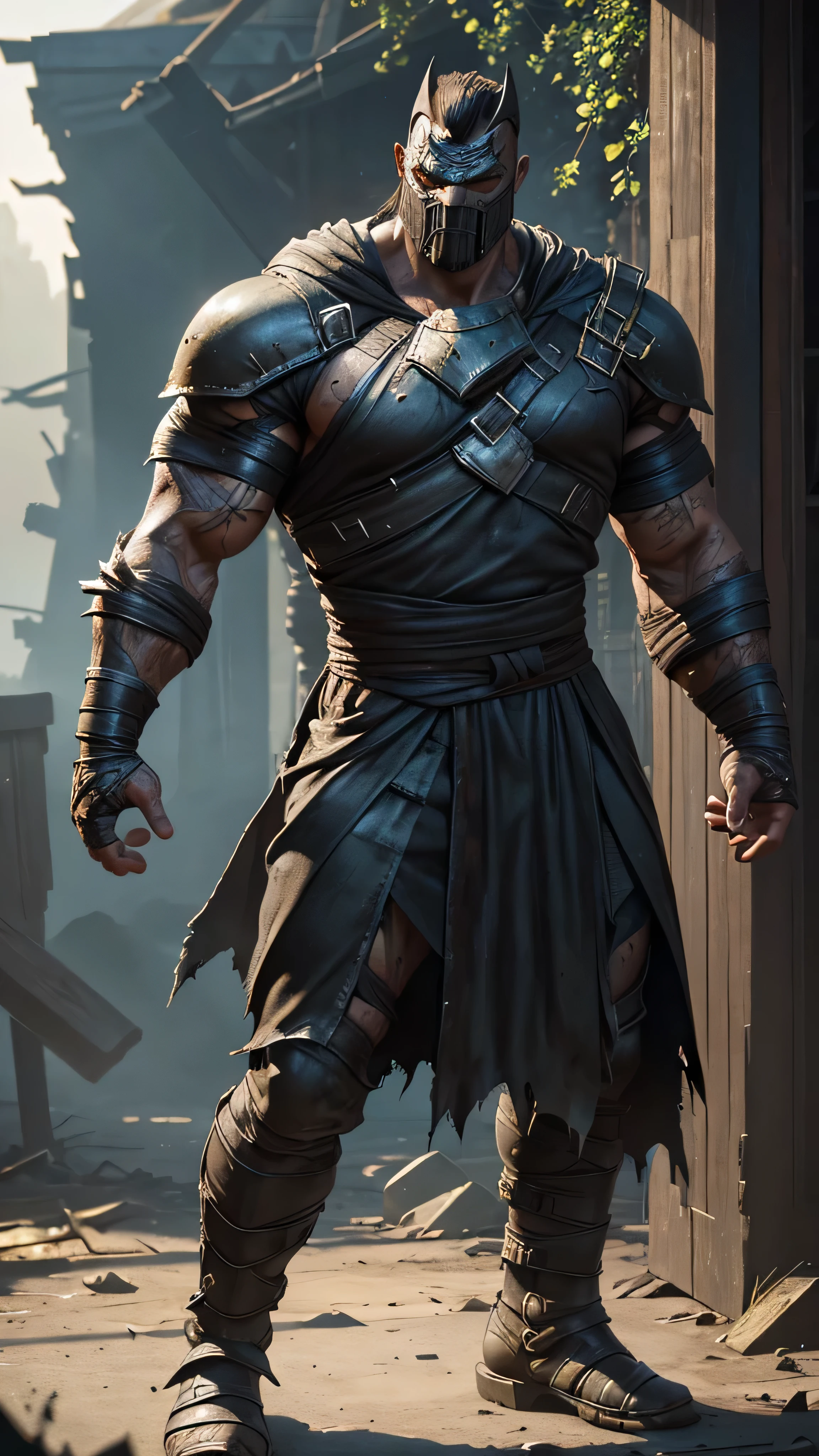 Torr from Mortal Kombat, muscled, ((torn bag mask on head)), ((torn bag mask on face)), eyes, armor, spikes, guantlets, armored boots, barefoot, metal headband, standing, forest, (insanely detailed, beautiful detailed face, masterpiece, best quality), cinematic lighting, 1man, solo, full body view, front view, looking at viewer, intricate, high detail, sharp focus, dramatic, photorealistic painting art by greg rutkowski