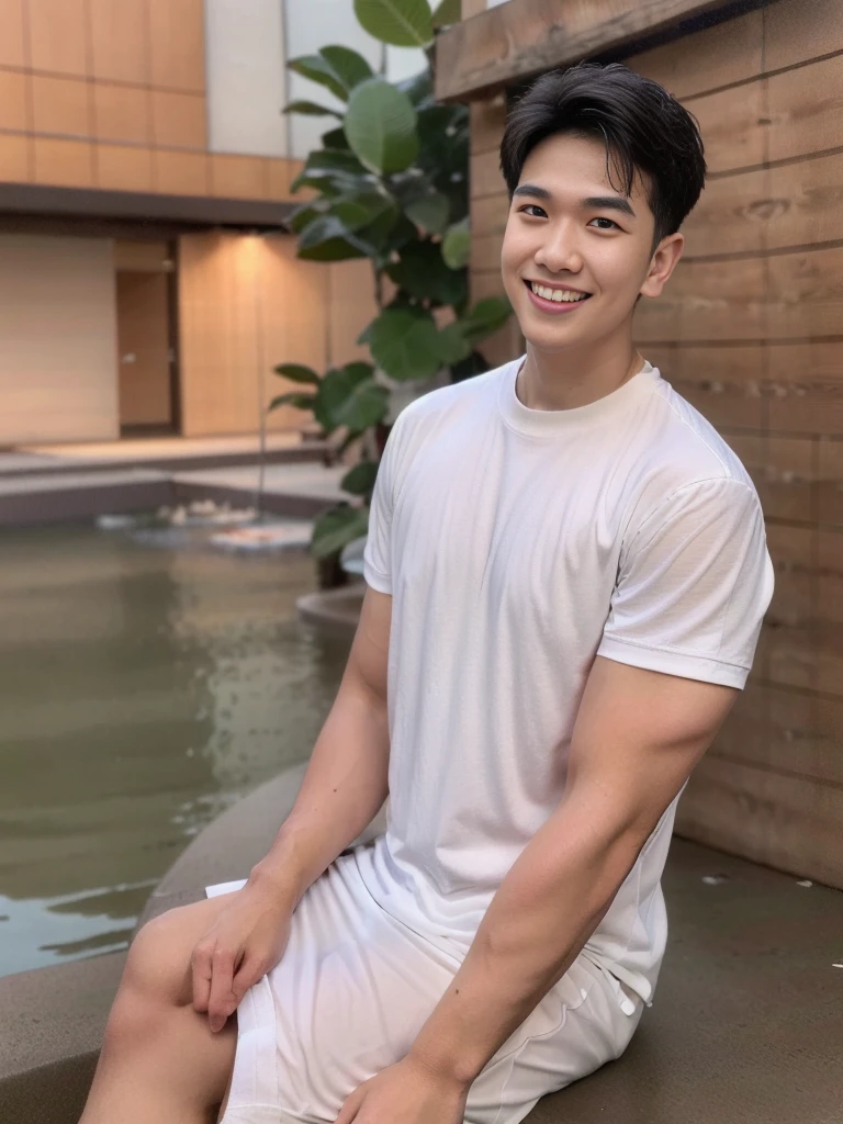 young man 20 years old , (ทรงผมแบบ Crew Cut: 1.3 ), black hair, short hair details, burly handsome man , white t-shirt ,White swimming trunks with large bulges, strong, handsome, outdoor, Take a steam shower., hot spring, Onsen, sweat, look at the audience., depth of field, Bokeh, Detailed background, Detailed light, diffuse natural sunlight, Skin glows naturally., symmetrical eyes, Big smile