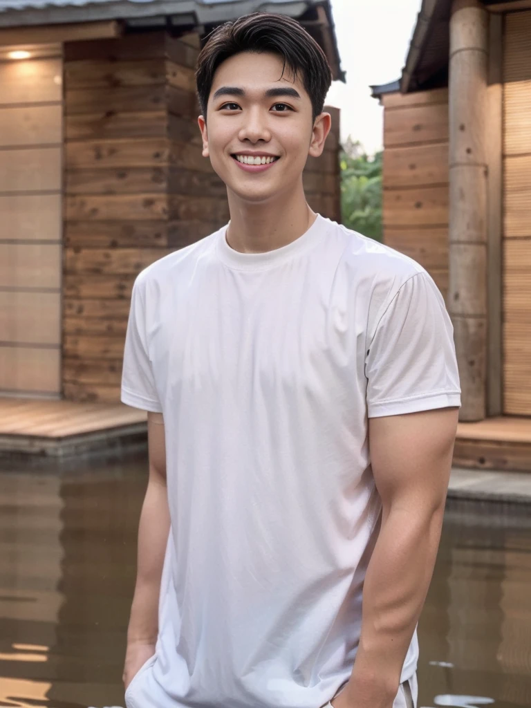 young man 20 years old , (ทรงผมแบบ Crew Cut: 1.3 ), black hair, short hair details, burly handsome man , white t-shirt ,White swimming trunks with large bulges, strong, handsome, outdoor, Take a steam shower., hot spring, Onsen, sweat, look at the audience., depth of field, Bokeh, Detailed background, Detailed light, diffuse natural sunlight, Skin glows naturally., symmetrical eyes, Big smile