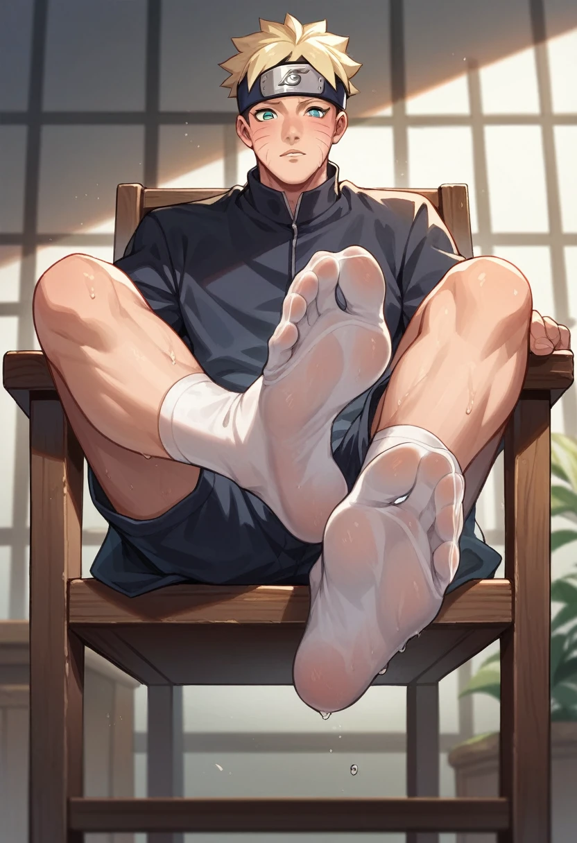 Anime boy Naruto very wet sweaty socks under chair showing his feet soles so very close to the camera