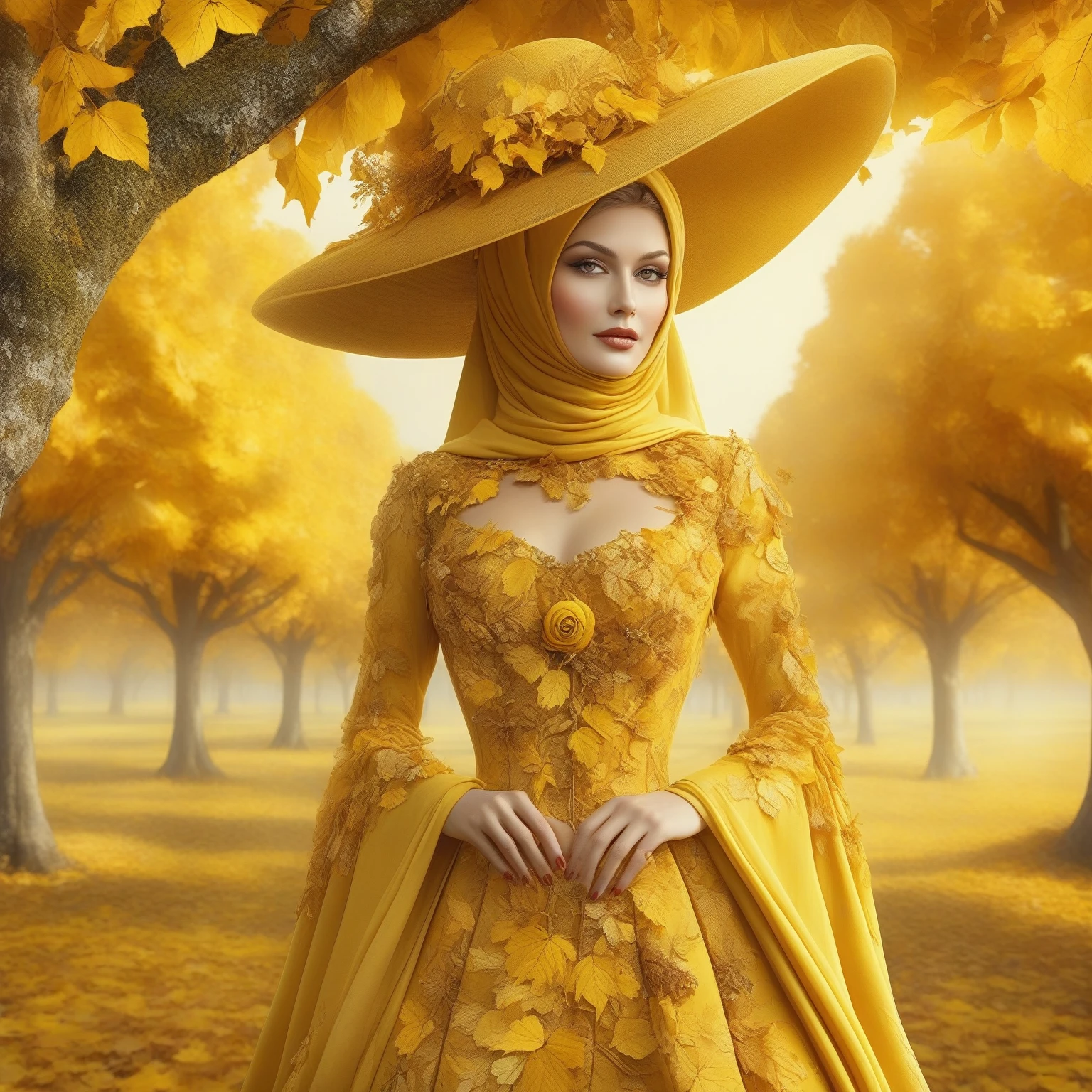 arafed woman in a yellow dress and hat standing in a field of yellow leaves, autumnal empress, beautiful yellow woman, goddess of autumn, beautiful autumn spirit, golden autumn, elegant yellow skin, ((a beautiful fantasy empress)), the goddess of autumn harvest, a beautiful fantasy empress, shades of yellow, beautiful fantasy art, golden colors, draped in gold, renaissance autumnal