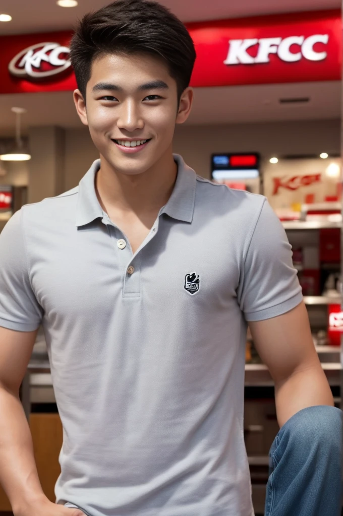 ((realistic daylight)) , Young Korean man in only a polo shirt, no stripes, and jeans., A handsome, muscular young Asian man looks at the camera.  , In the KFC store ,turn sideways, smile