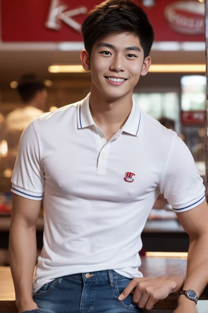 ((realistic daylight)) , Young Korean man in only a polo shirt, no stripes, and jeans., A handsome, muscular young Asian man looks at the camera. , In the KFC store ,turn sideways, smile