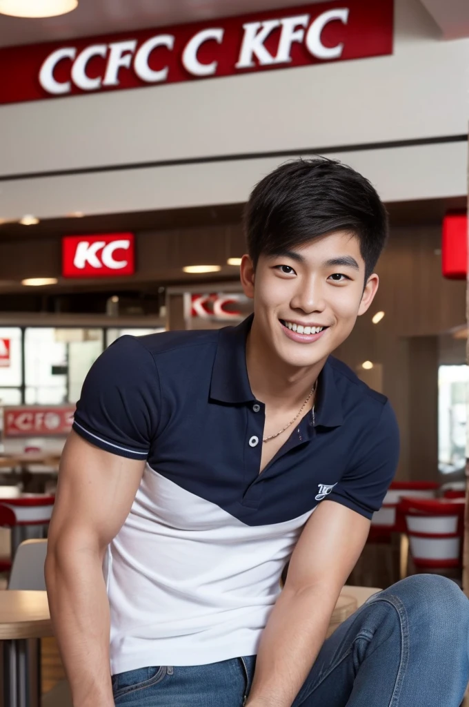 ((realistic daylight)) , Young Korean man in only a polo shirt, no stripes, and jeans., A handsome, muscular young Asian man looks at the camera. , In the KFC store ,turn sideways, smile