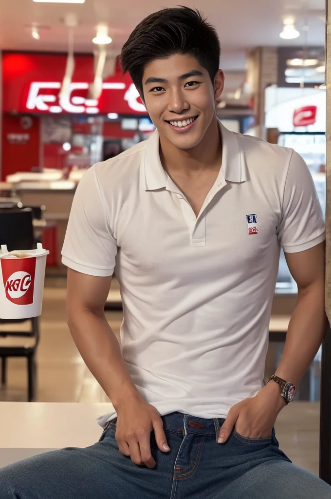 ((realistic daylight)) , Young Korean man in only a polo shirt, no stripes, and jeans., A handsome, muscular young Asian man looks at the camera. , In the KFC store ,turn sideways, smile