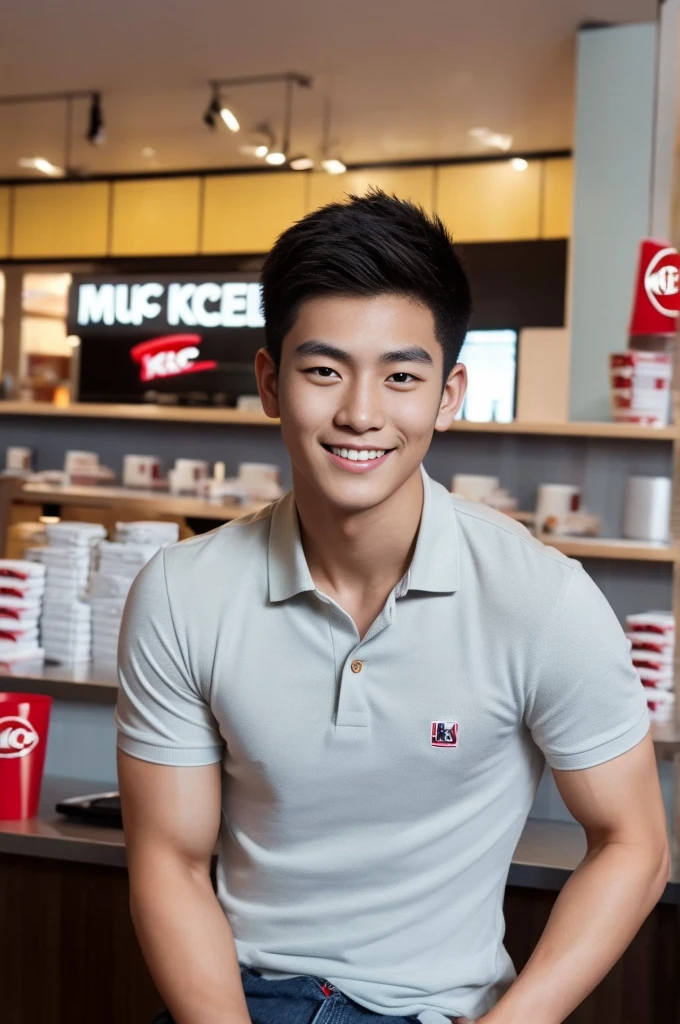 ((realistic daylight)) , Young Korean man in only a polo shirt, no stripes, and jeans., A handsome, muscular young Asian man looks at the camera. , In the KFC store ,turn sideways, smile