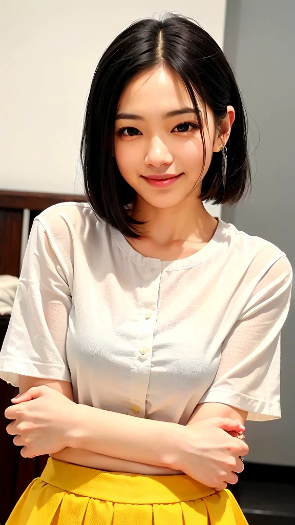 (1 woman:1.99)、(Wide forehead、Very short hair、Very small amount of hair、Forehead、Fuji frame:1.1)、Sunburn、17 years old、Naughty、Happy expression、満面のsmile、Weakness、love、I feel very comfortable alone、(White shirt、Yellow Skirt: 1.5),((Very sleepy、Improves skin texture,smile、Narrow eyes、Very weak eyesight、Very weak eyeliner、Eyes slightly closed、I know the shape of your head、Oval Face))、(slicked back hair:1.25)、8k,Photographic, Raw photo, Mastepiece, Highly detailed photos, Digital SLR, Photo-realistic 1.4, Super hello nothing, Best quality head tilted、whole body:1.7)