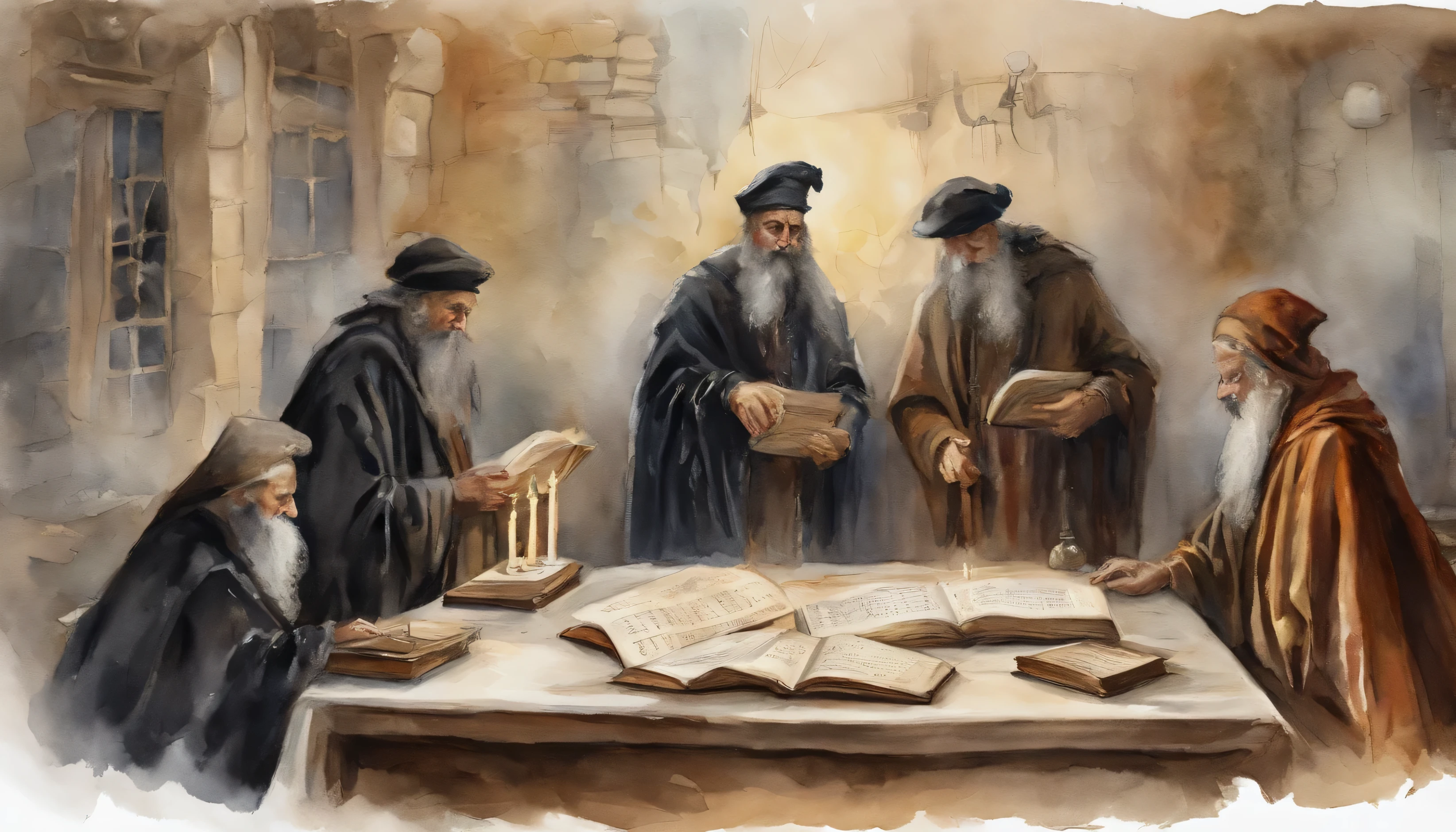 An elderly black-robed magician raised his hands, A circle of magic books was scattered on the ground, Magic books and candles are placed around, Seven mirrors at different angles directly above, Gloomy picture, Vista Depth of field, god light, filmgrain, Optical illusion, Vignetting, Renaissance, Pre-Raphaelite Brotherhood, High details,Blur the back