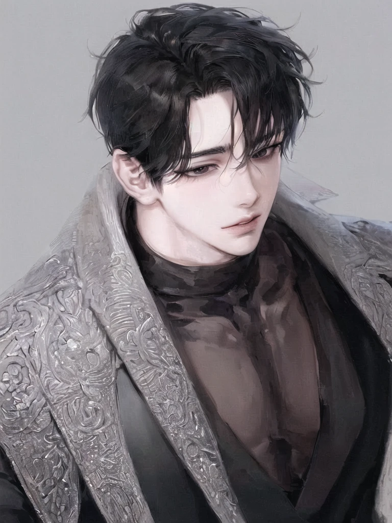 anime boy with black hair, black eyes, calm face and white shirt looking at camera, old man with black hair, detailed portrait of anime boy, semirealistic anime style, stunning anime face portrait, beautiful anime portrait, perfect gentle man haired male, fine details.