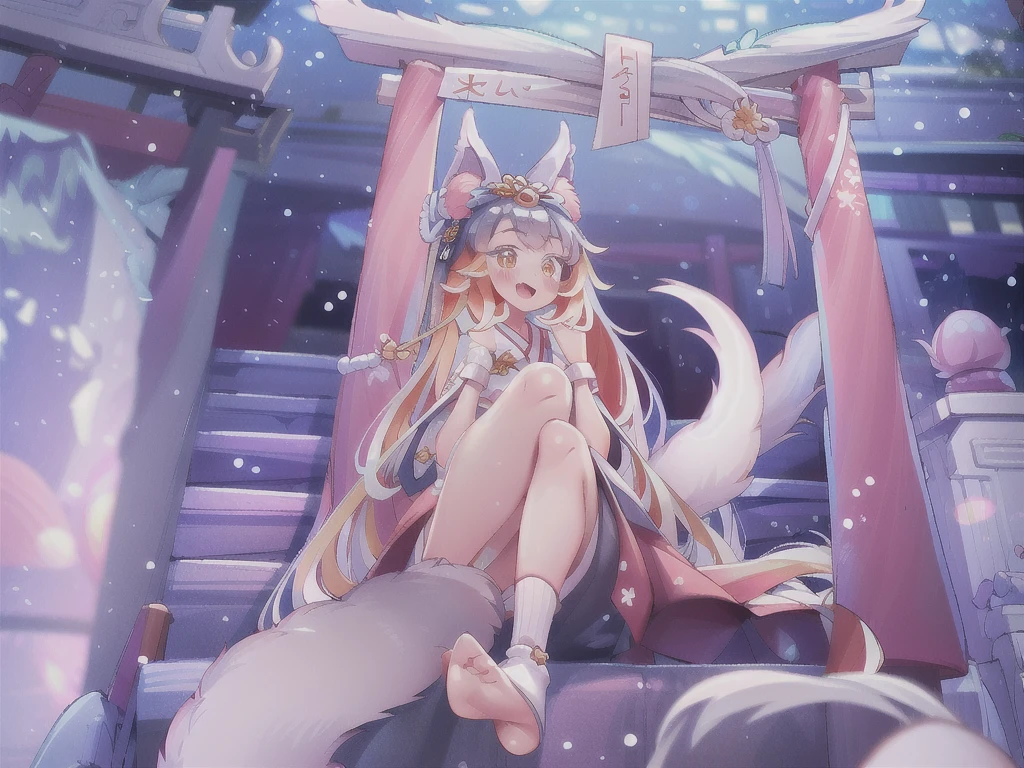 1girl, (high quality:1.2), (ultra detailed:1.2), ((absurdres)), (masterpiece), from side, CG, kaia, cute face, perfect body, white hair, very long hair, orange eyes, two-tone hair, hair ornament, fox ears, fox tail, multiple tails, hanfu, winter hanfu, Cloak, open mouth, smile, sitting, Reach out to catch the snowflakes, looking up, night, snowing, snowflake, snow, Torii gate, stone steps, shrine architecture, Comfortable tones,