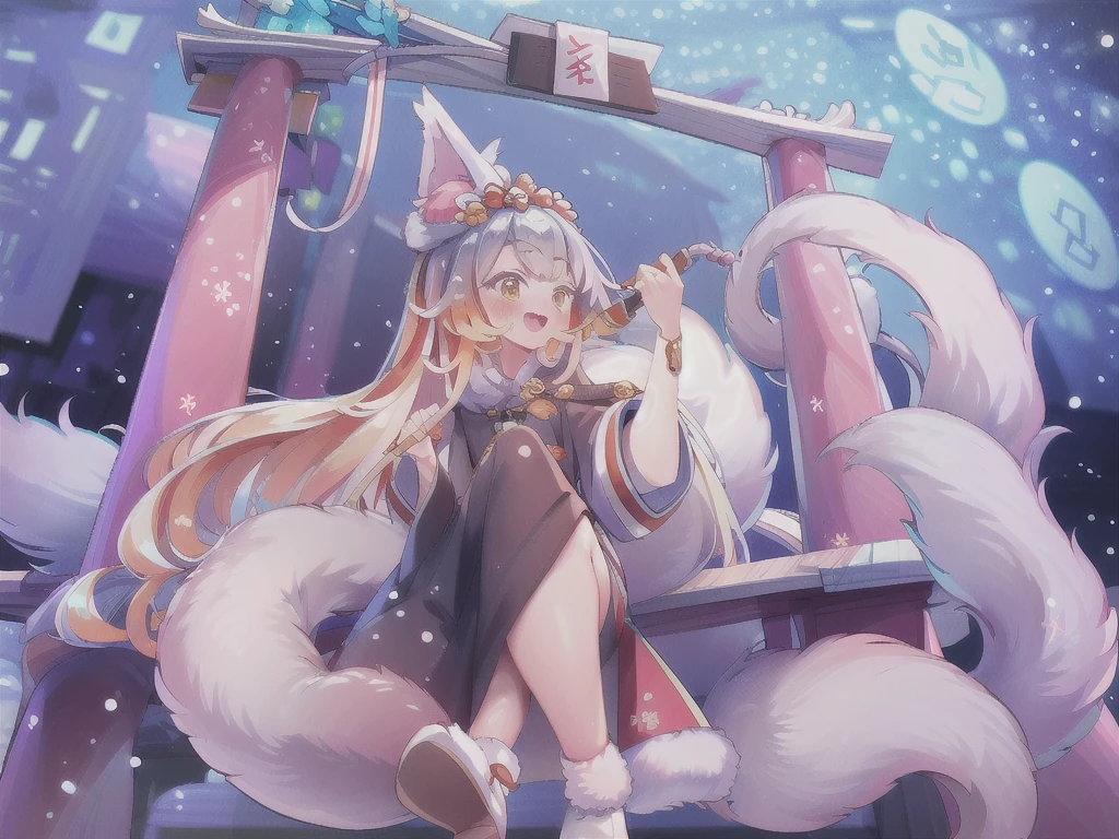 1girl, (high quality:1.2), (ultra detailed:1.2), ((absurdres)), (masterpiece), from side, CG, kaia, cute face, perfect body, white hair, very long hair, orange eyes, two-tone hair, hair ornament, fox ears, fox tail, multiple tails, hanfu, winter hanfu, Cloak, open mouth, smile, sitting, Reach out to catch the snowflakes, looking up, night, snowing, snowflake, snow, Torii gate, stone steps, shrine architecture, Comfortable tones,