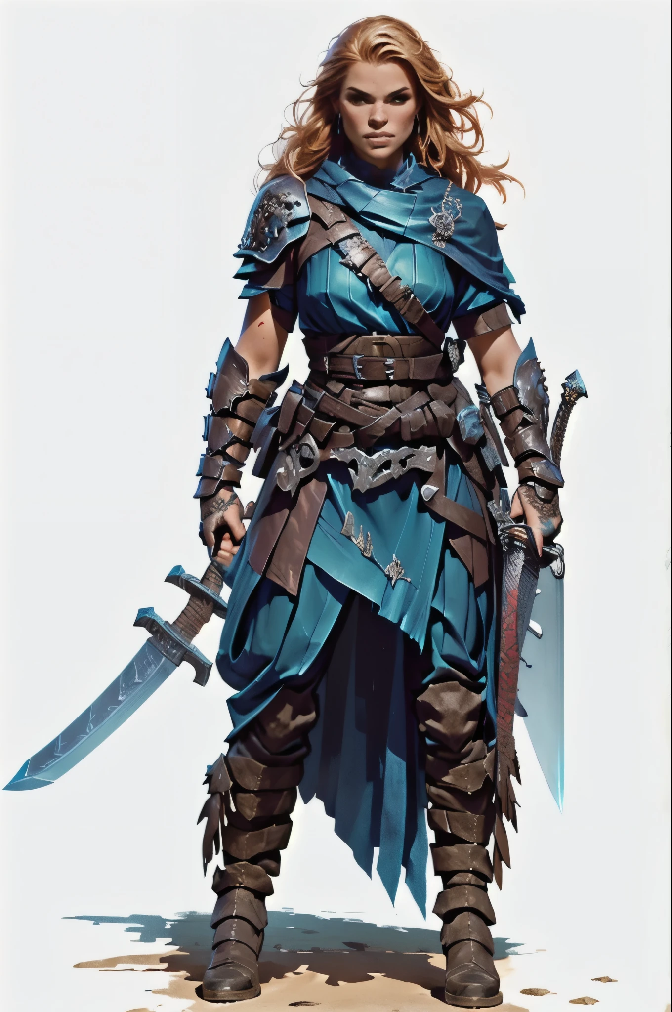 a woman with a sword and a skull, rpg character art, rpg portrait full body, d & d style full body portrait, fantasy d&d character, north adult female warrior, from pathfinder, intricate details, highly detailed, 8k, hyperrealistic, cinematic lighting, dramatic lighting, moody atmosphere, warm colors, vibrant colors, cinematic composition, heroic pose, powerful expression, deadly elegance, masterpiece