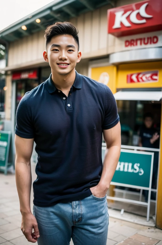 ((realistic daylight)) , Young Korean man in only a polo shirt, no stripes, and jeans., A handsome, muscular young Asian man looks at the camera. , In the KFC store ,turn sideways, smile