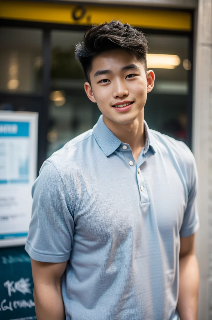 ((realistic daylight)) , Young Korean man in only a polo shirt, no stripes, and jeans., A handsome, muscular young Asian man looks at the camera.  , In the KFC store ,turn sideways, smile