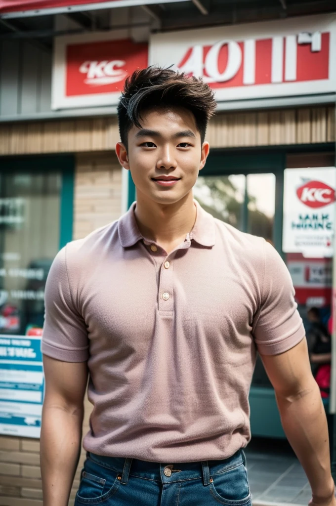 ((realistic daylight)) , Young Korean man in only a polo shirt, no stripes, and jeans., A handsome, muscular young Asian man looks at the camera. , In the KFC store ,turn sideways, smile