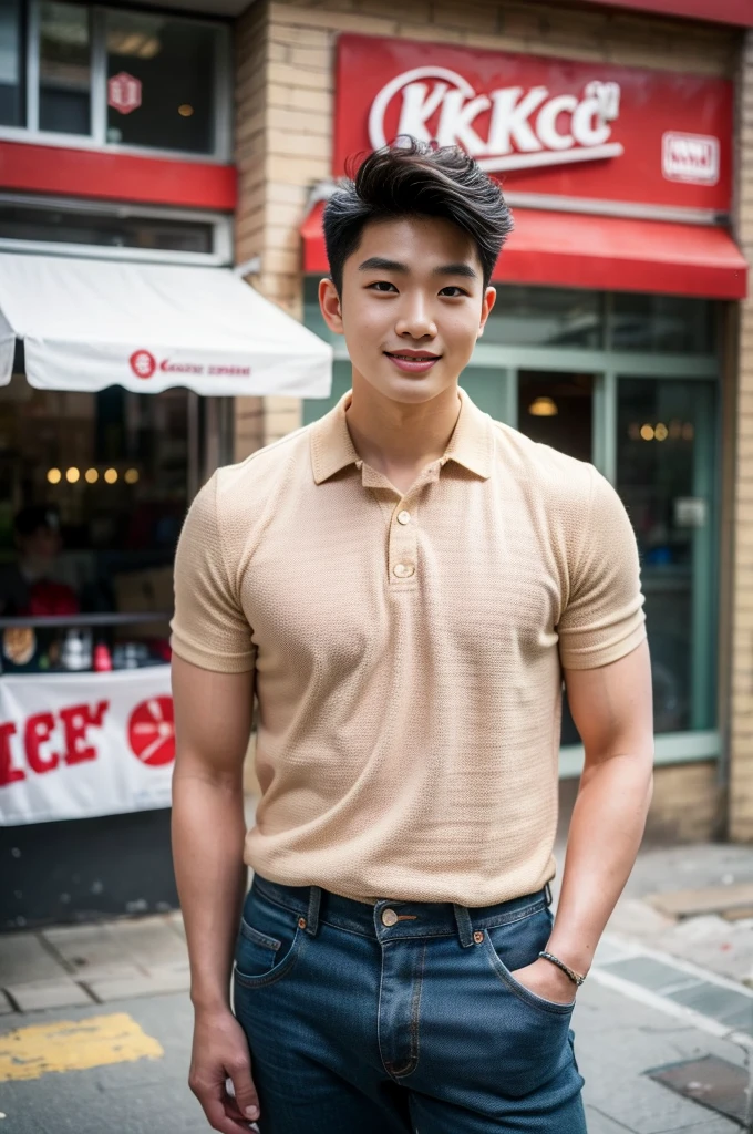 ((realistic daylight)) , Young Korean man in only a polo shirt, no stripes, and jeans., A handsome, muscular young Asian man looks at the camera. , In the KFC store ,turn sideways, smile