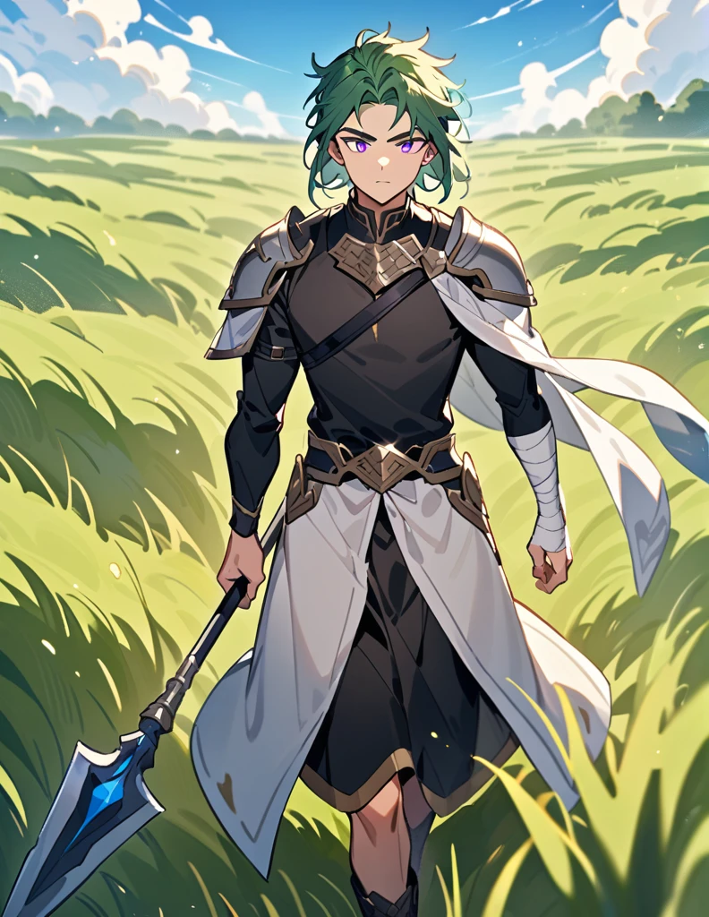 Greek boy with long white shoulder-length hair, violet eyes, one arm covered in bandages, equipped with a spear, wearing two silver shoulder pads and a black shirt, walking in a field of green grass with an open blue sky
