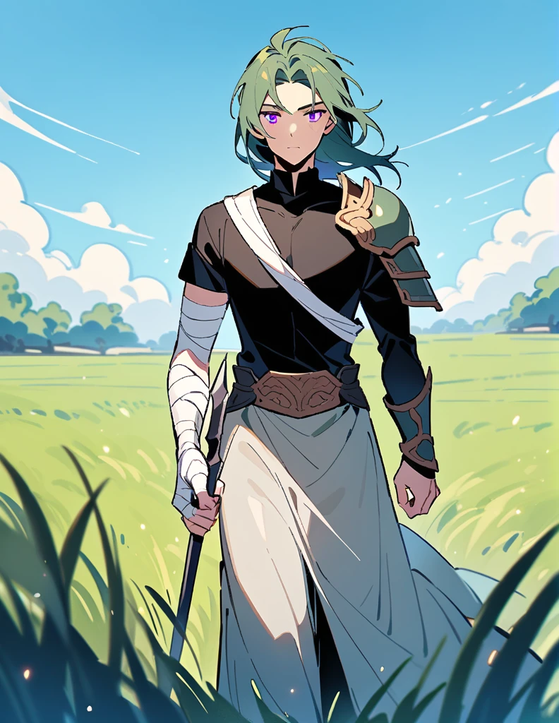 Greek boy with long white shoulder-length hair, violet eyes, one arm covered in bandages, equipped with a spear, wearing two silver shoulder pads and a black shirt, walking in a field of green grass with an open blue sky