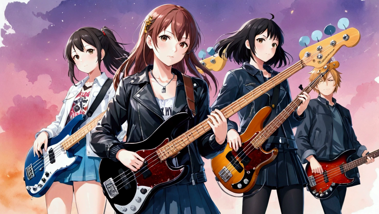 Anime girl with guitar and man in black jacket, Visual Novel CG, Background artwork, Kantai Collection Style, Idol Master, Girls Frontline Universe, Official artwork, bassist, Visual novel key visual, high detailed Official artwork, Girls Frontline Style, Promotional Art, Fan art, Nightcore, Girls Frontline CG, rock band, Anime Style 4k, Naughty anime style