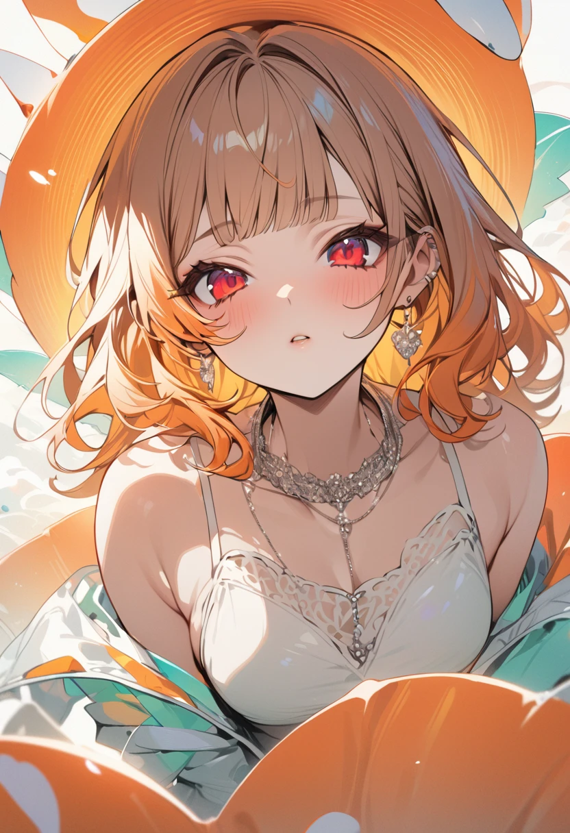 Highest quality、High resolution、masterpiece、Orange shaggy hair、Short bangs、Red eyes、White, yellow and silver summer outfit、Neon color、flowerpunk、