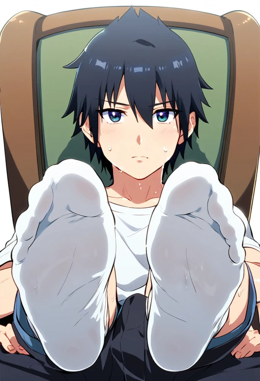 Anime boy Sasuke very wet sweaty socks under chair showing his feet soles so very close to the camera