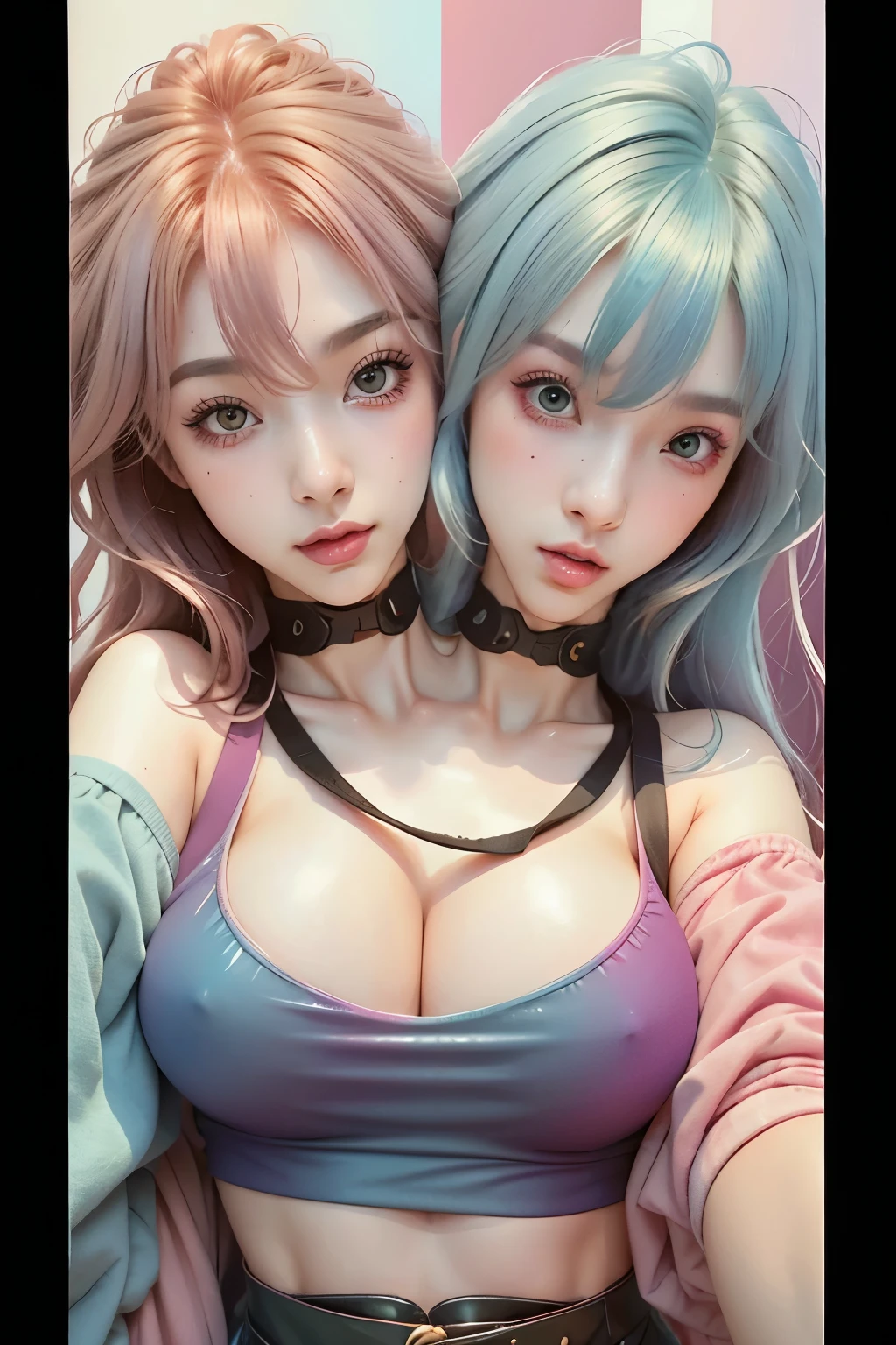 (2heads:1.2), 1girl, conjoined dicephalus(masterpiece, highest quality, highest quality,watercolor (Moderate),Official Art, beautifully、aesthetic:1.2),(1 girl:1.3), (Fractal Art:1.3),Upper Body, From the side, Looking at the audience,pattern,(Rainbow Hair,colorful hair,Half blue、half pink hair:1.2),water,liquid, cloud,colorful, Starry Sky,performer,