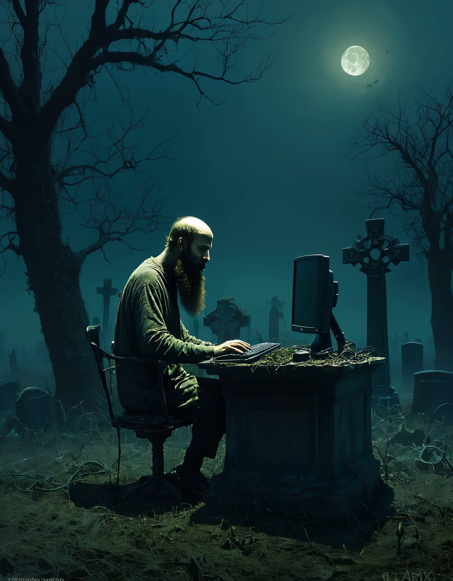 one beard man working on a computer, PC, internet, laptop, graveyard, nightmare, disturbing, creepy, gloomy, rotten, by zdzislaw beksinski