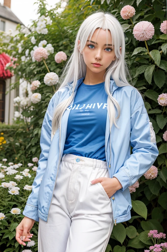 Anime girl with white hairs and light blue jacket and white trousers one hand in pocket of her trouser and the other hand holding a lollipop sitting in a garden filled with flowers under a blue sky zoning out with blue pupil and a mole down her lips