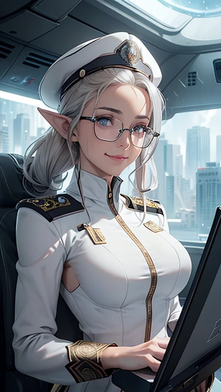 masterpiece, Highest quality, Highly detailed CG Unity 8K wallpapers,((whole body)), ((Development room inside the spaceship)), ((Long pointy ears)), Platinum blonde hair in an elegant updo, ((Average chest size, Self-illuminating skin)), ((A skimpy white and grey military uniform, short hat: 1.2)), (Sweaty, wet white skin), (Glasses-type scanning device, Tablet terminal), (blush), , (Captivating smile), cute, Symmetrical face, Detailed eyes, Key Art, Awards, intricate detail realism hdr, Photorealism, Hyperrealism, Ultra-realistic, Dramatic Light, Strong Shadows, Nice views, Written boundary depth