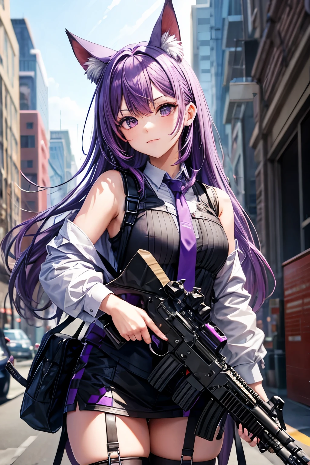 Purple hair, girl, animal ears, shooter, submachine gun