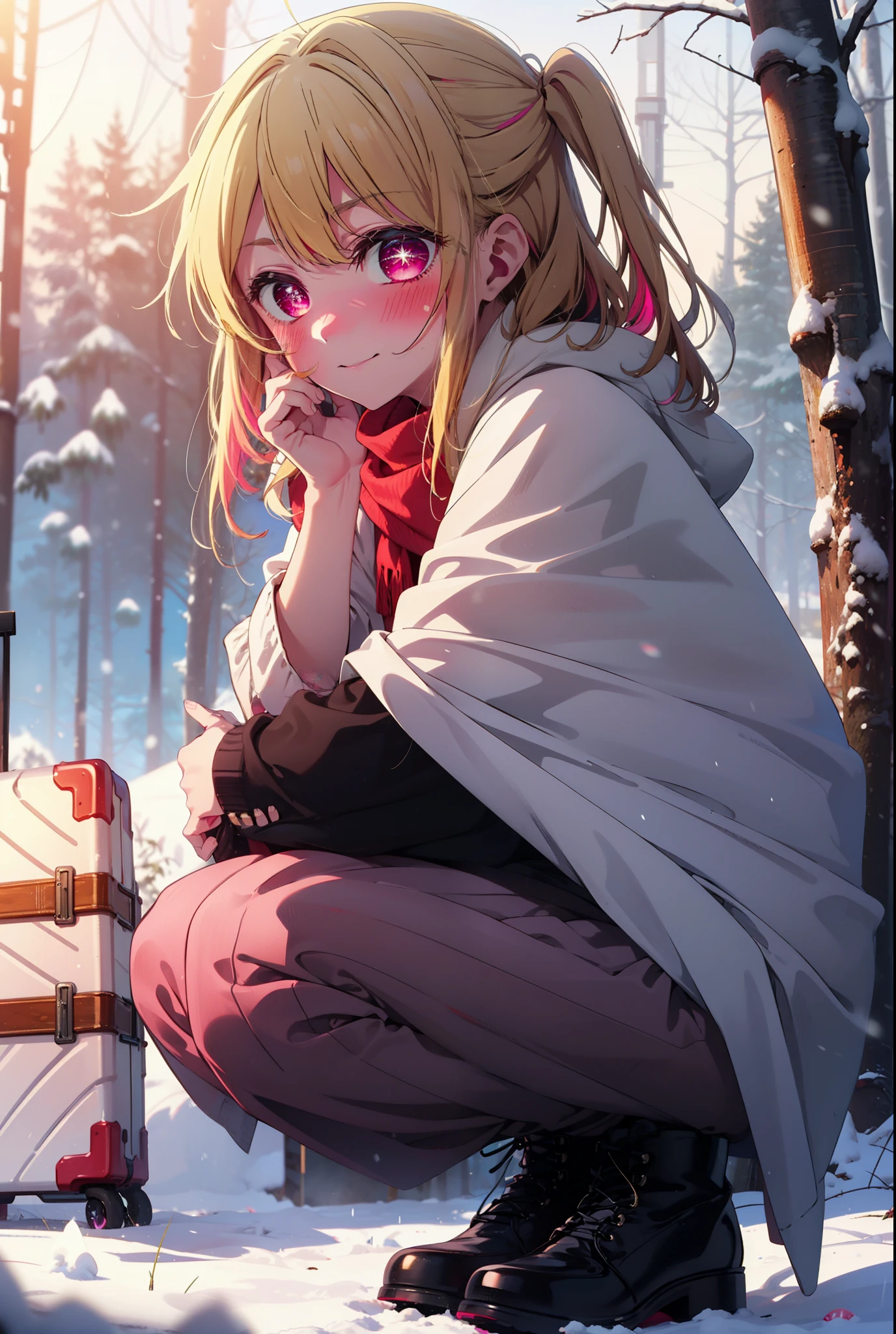 rubyhoshino, Hoshino Ruby, Long Hair, bangs, blonde, (Pink Eyes:1.3), Side Lock, (Symbol-shaped pupil:1.5), Multicolored Hair, Two-tone hair, smile,,smile,blush,white breath,
Open your mouth,snow,Ground bonfire, Outdoor, boots, snowing, From the side, wood, suitcase, Cape, Blurred, , forest, White handbag, nature,  Squat, Mouth closed, Cape, winter, Written boundary depth, Black shoes, red Cape break looking at viewer, Upper Body, whole body, break Outdoor, forest, nature, break (masterpiece:1.2), Highest quality, High resolution, unity 8k wallpaper, (shape:0.8), (Beautiful and beautiful eyes:1.6), Highly detailed face, Perfect lighting, Extremely detailed CG, (Perfect hands, Perfect Anatomy),