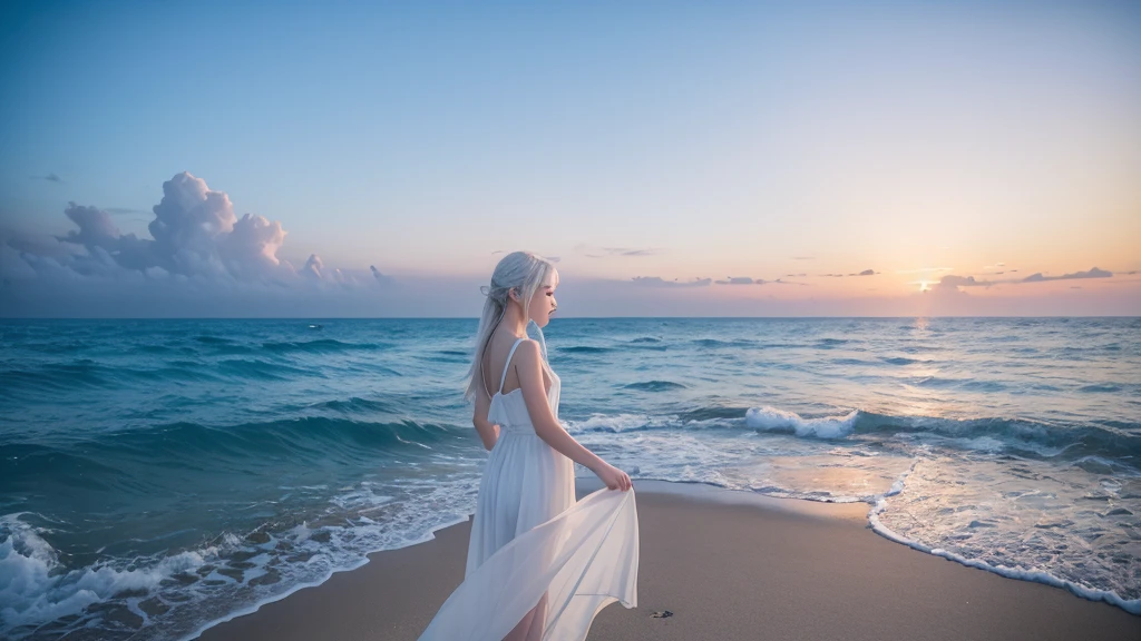 ((最high quality)), Like a photograph,high quality, 8k resolution",Beautiful 19 year old girl,Very elegant fashion,The girl sways beautifully in the sea breeze、Should have elegant white hair,Sad profile,Ocean view，evening