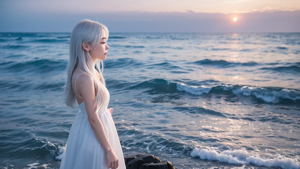 ((最high quality)), Like a photograph,high quality, 8k resolution",Beautiful 19 year old girl,Very elegant fashion,The girl sways beautifully in the sea breeze、Should have elegant white hair,Sad profile,Ocean view,evening