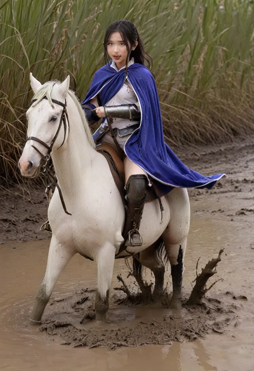 Anatomically correct構図,stuck in mud,(((masterpiece))),(((Highest quality))),((Tabletop:1.4, Highest quality)), (Realな写真:1.4), in the muddy ,dirty swamp,black hair and white horse ridden by girl meet with an accident that it fall over sticky swamp,
((1 cute girl knight)),rodeo,horse standing,Surprised face,stumble,aggressive,slouch,horse standing, prancing horse in pitfall,cute,Napoléon horse sliped in pitfall,in the pitfall,Uplifting,Knight Princess,
(超High resolution:1.2),, wonderful, Very detailed CG Unity 8k wallpaper, Very detailed, High resolution,fat horse ridden by japanese girl,Double,Royal blue armor and short cloak,Soaking in the swamp,Mud Splash,
Soft Light, Beautiful detailed girl, Droopy eyes,Very detailedな目と顔, Beautiful and exquisite nose, Beautiful and exquisite, horse ridden by a girl can't stand up because its drowned in the sticky muddy pitfall:10.0 ,Displeased face:4.0,Real,Stir,Anatomically correct,action horse riding scene while struggle fighting