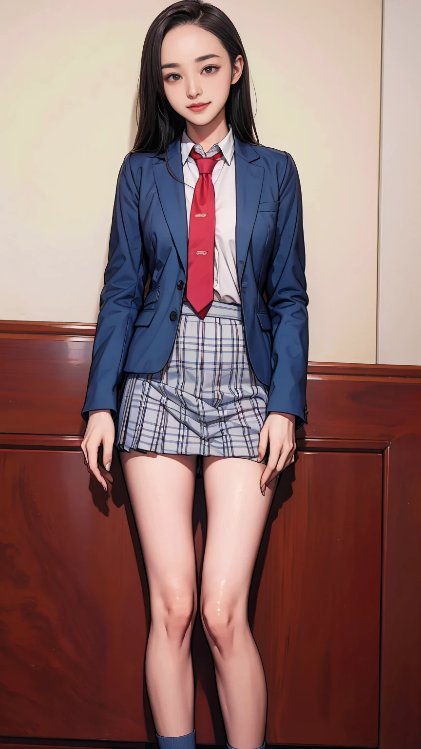 ((masterpiece)),(((best quality))),thin thighs,long legs,girl standing in school,red tie uniform,dark blue blazer,blue plaid skirt,18 years old,forehead,small smile,random pause,Pretty Woman,slim girl,