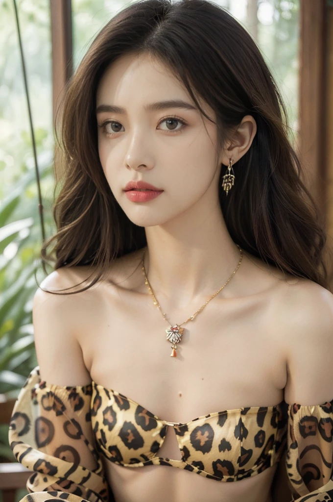 (((best quality))),(((ultra detailed))),(((masterpiece))),illustration,((1 beautiful girl,solo)),(shoulder length messy hair:1.2),((Beast bone earrings and necklace)),((slim,thin)),((small breasts,flat chest)),(slender legs:1.2),fair complexion,(strapless leopard print bra:1.3),seductive,wild spirit,lush forest,primitive,tall trees,green canopy, sunlight filter,scent of earth,bird chirping,small creatures,secluded spot,captivating,enigmatic,raw energy,untamed spirit,morden day Eve,Garden of Eden,playful,adventurous,striking appearance,exotic setting,summertime,heat,humidity,vibrant colours,endless possibilities,exquisite detail,expansive wilderness,feminine allure,((from front,close-up of face))