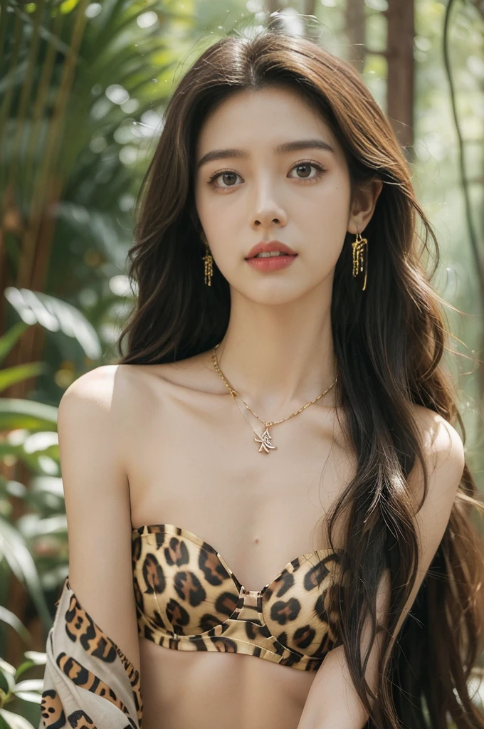(((best quality))),(((ultra detailed))),(((masterpiece))),illustration,((1 beautiful girl,solo)),(shoulder length messy hair:1.2),((Beast bone earrings and necklace)),((slim,thin)),((small breasts,flat chest)),(slender legs:1.2),fair complexion,(strapless leopard print bra:1.3),seductive,wild spirit,lush forest,primitive,tall trees,green canopy, sunlight filter,scent of earth,bird chirping,small creatures,secluded spot,captivating,enigmatic,raw energy,untamed spirit,morden day Eve,Garden of Eden,playful,adventurous,striking appearance,exotic setting,summertime,heat,humidity,vibrant colours,endless possibilities,exquisite detail,expansive wilderness,feminine allure,((from front,close-up of face))