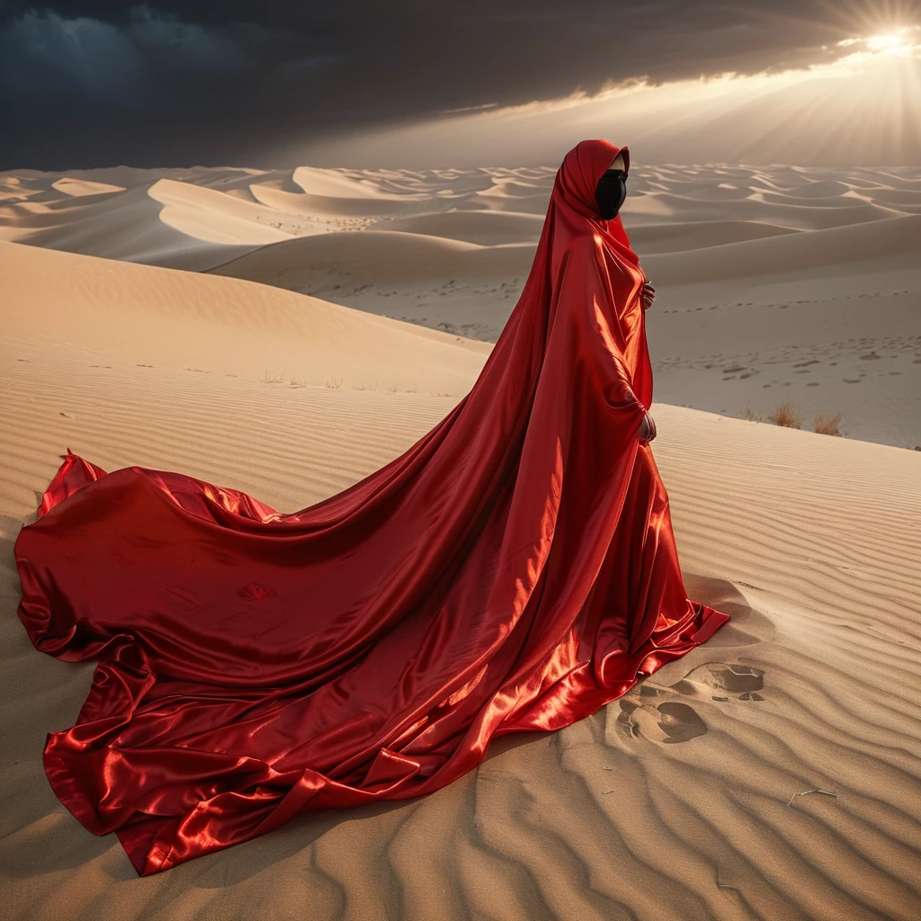 a sexy a woman covered in red satin cloth, mummified in satin, ghost sheet,tied tight in satin, shape like mermaid, tight in leg, wearing a satin hijab, the satin is very long, forming the curve of the body,dramatic flowy satin,strugle to move,full body, masterpice, flowy satin blow by wind,4k resolution, ultra-realistic, highly detail, great lightning.