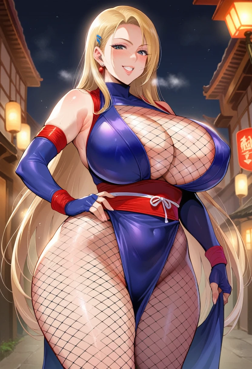 masterpiece, best quality, (1 girl), solo, wide hips, (huge breasts), slutty grin, mature girl, wide hips, ninja village, nighttime, detailed eyes, open mouth, ((wearing a slutty ninja outfit)), slutty, (very long hair), curvy, nice hips, kunoichi, ((ninja girl)), ninja outfit, midriff, short skirt, (fishnet), underboob, kunoichi skirt, blonde hair, fishnet bodycon, wide hips, voluptuous, mature, milf, wide hips, childbearing hips, (ikuchan),
