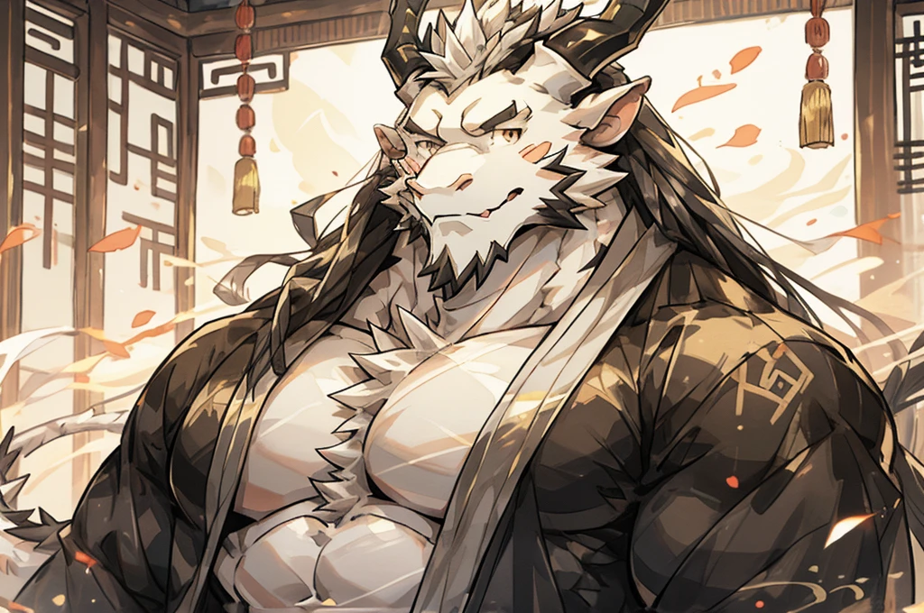 (white eastern dragon),furry,white mustache,big pecs,hearty males,muscular,black imperial robe,naked,adult,traditional_chinese_room,head portrait,hypnosis,Long hair (below chest )