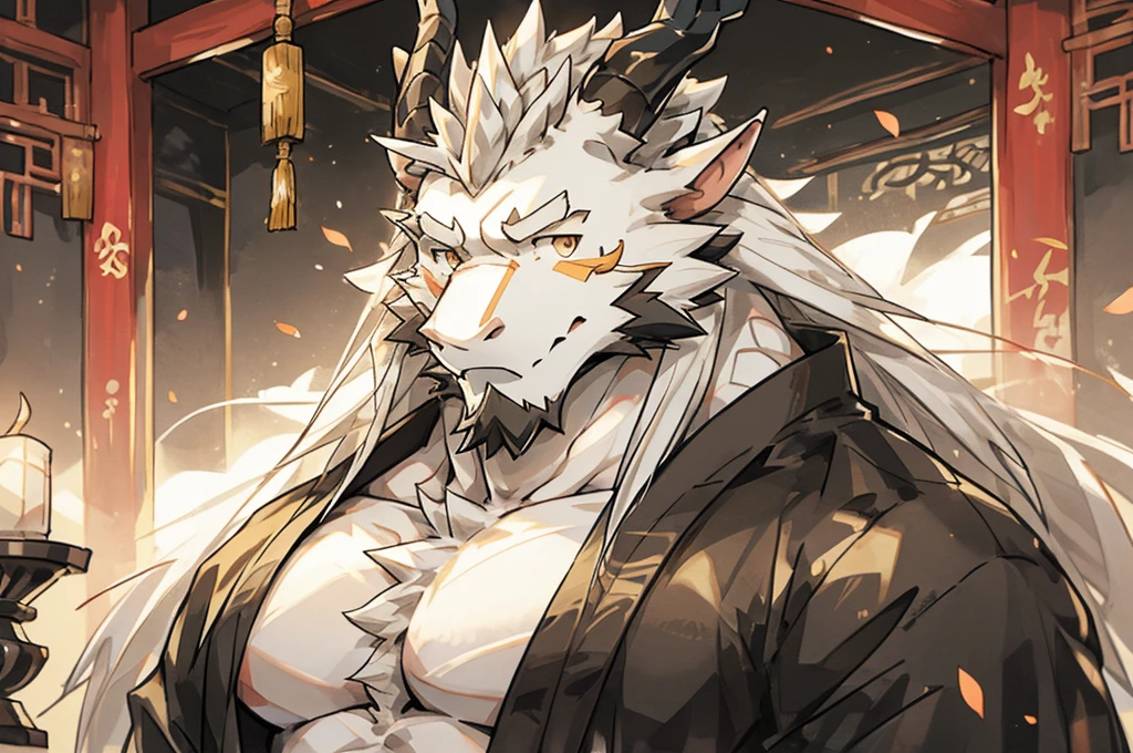 (white eastern dragon),furry,white mustache,big pecs,hearty males,muscular,black imperial robe,?????,adult,traditional_chinese_room,head portrait,hypnosis,Long hair (below chest )
