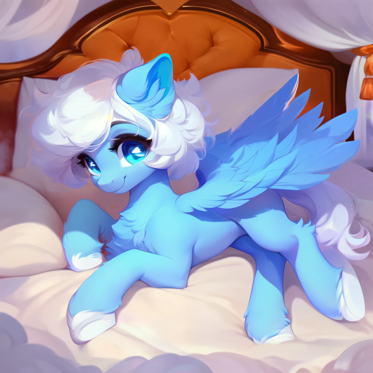 rating_safe, score_9, fluffy, feral pegasus pony,Bad,round cute face,very (((lightblue body))), (((white short hair))) Smooth and fine semi-long bristles,Gentle and clear light blue eyes,Gentle smile。Soft tones.Lying in bed,White bed。Hazy and warm atmosphere。night。A look of resistance