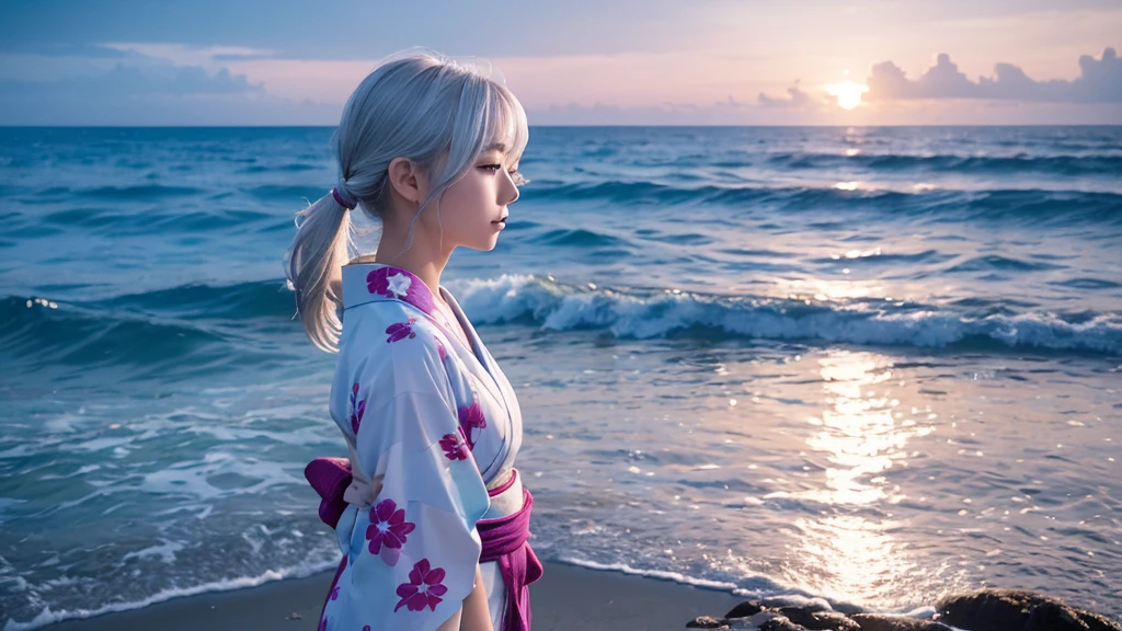 ((最high quality)), Like a photograph,high quality, 8k resolution",Beautiful 19 year old girl,yukata,The girl sways beautifully in the sea breeze、Should have elegant white hair,Sad profile,Ocean view,evening