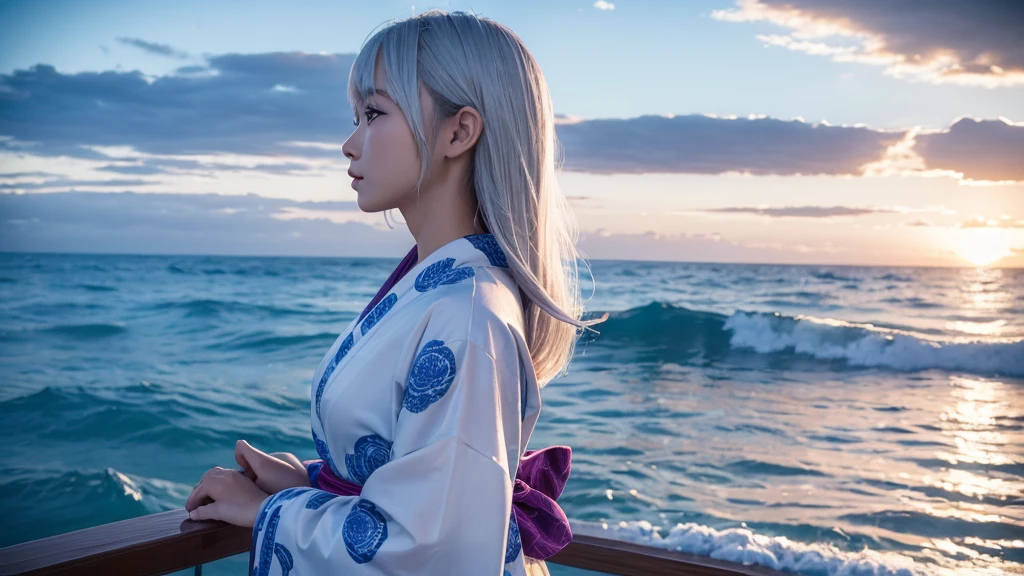 ((最high quality)), Like a photograph,high quality, 8k resolution",Beautiful 19 year old girl,yukata,The girl sways beautifully in the sea breeze、Should have elegant white hair,Sad profile,Ocean view，evening
