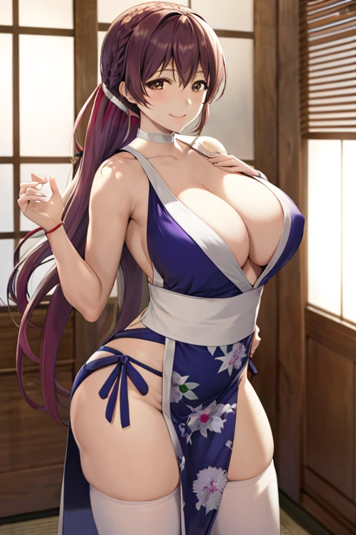 masterpiece, best quality, beautiful art, high resolution, well formed hands, body and fingers, 1 woman, solo, Nozomi Toujou , hair ornament,  adult, grown up, big breasted, cleavage,  full body, braided long hair, blue_japanese_clothes, wearing DOA Kasumi's blue kunoichi dress, sexy and skimpy japanese clothes, kimono peek, sleeveless, white stockings, gorgeous legs and thighs, dancing seductively and erotically, turning backwards and forwards, showing her back and front, showing her butt, t-back,, white thong, smiling joyfully, looking at the viewer, flirting, beach environment 