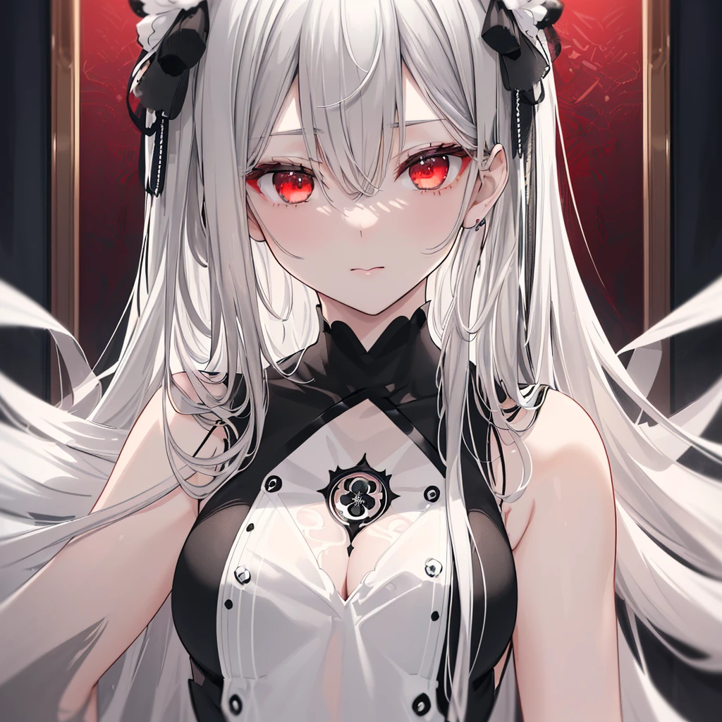 8k,High resolution RAW color art,Anime Art, (((Very detailed and cool))), Detailed skin, Blurry、texture,(Exquisitely crafted, Finer details, Ultra-detailed art), (((1 girl))), Written boundary depth, Silky to the touch, Hyper Detail, (((Cool face))), eye shadow、Silver Marble Skin, Beautiful and detailed red eyes, Beautiful lip detail, Very delicate face, Delicate depiction of hair and eyes, Delicate fashion, Full body description、Long silver hair、Red Eyes、Simple maid clothes、Inside the house、A subtle piece、Standing posture、Classical Long(Black and white)