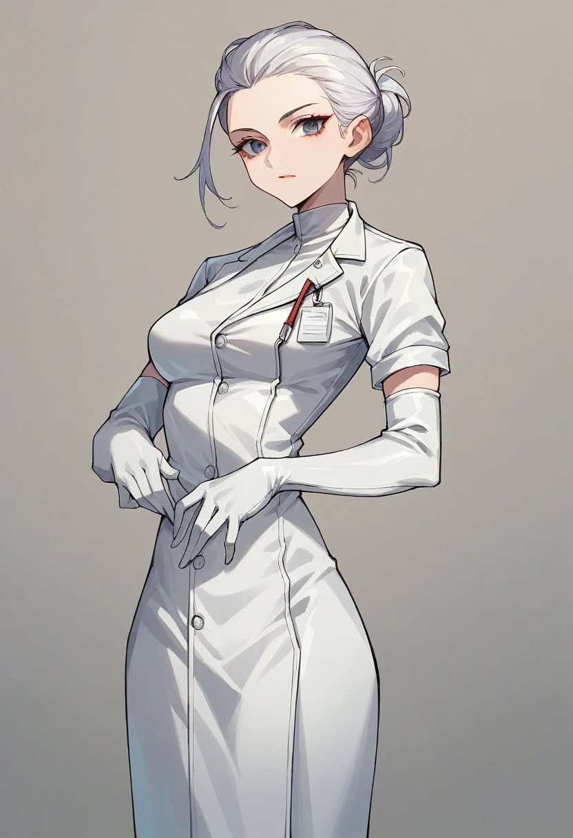 1girl, ((white elbow gloves)), ((surgical gloves)), ((latex gloves)), ((long sleeves)), ((white surgeon outfit)), looking at viewer, ((white doctor outfit)), standing, solo