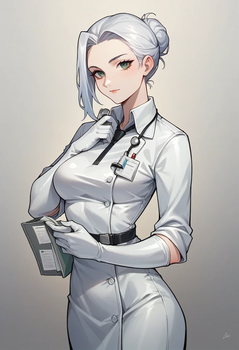 1girl, ((white elbow gloves)), ((surgical gloves)), ((latex gloves)), ((long sleeves)), ((white surgeon outfit)), looking at viewer, ((white doctor outfit)), standing, solo