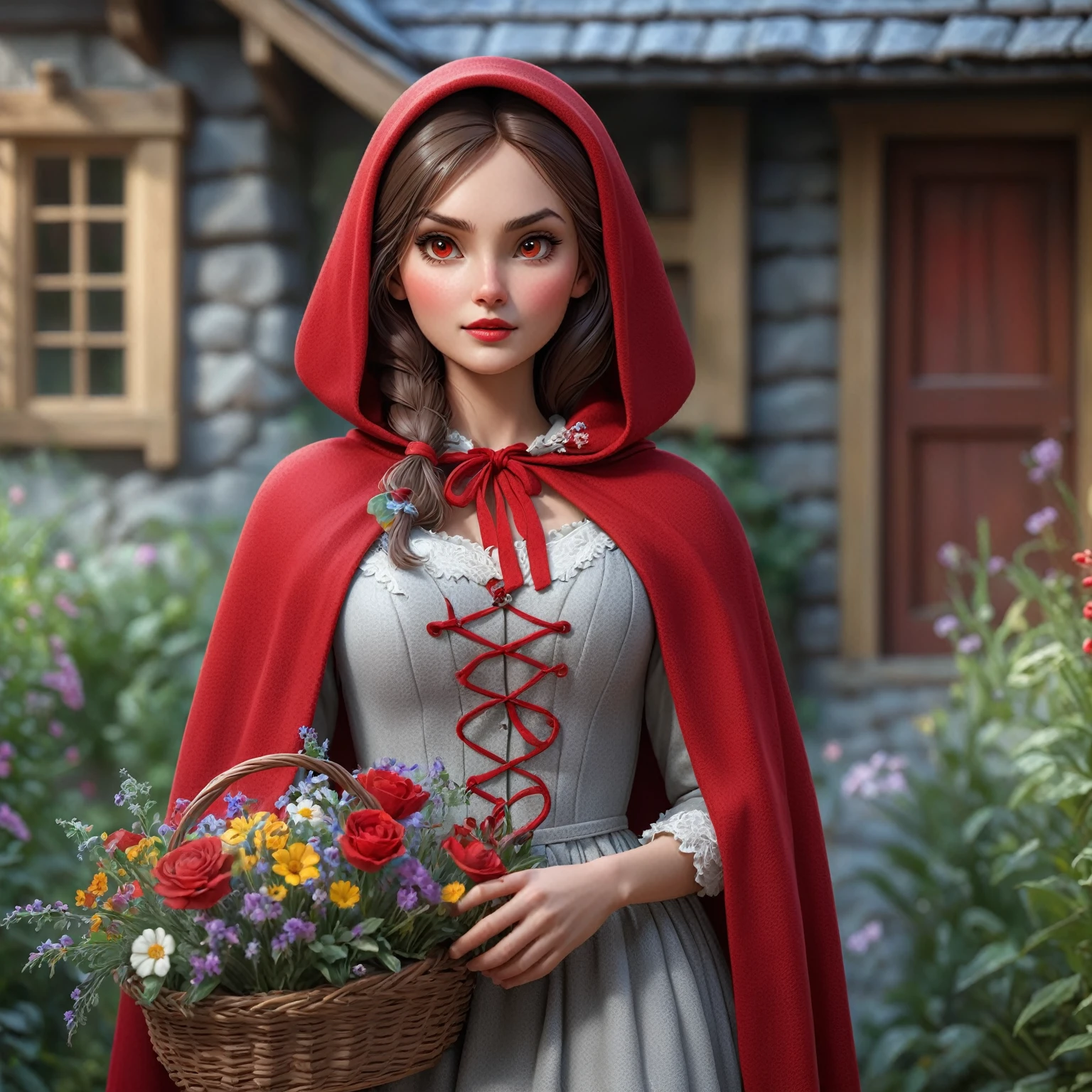 there is a woman in a red cape holding a basket of flowers, little red riding hood, beautiful render of a fairytale, red riding hood, realistic fantasy render, thief red riding hood, dressed in a beautiful red cloak, inspired by Dorothy Hood, 8k high quality detailed art, highly detailed character, hyperdetailed fantasy character, 3 d render stylized
