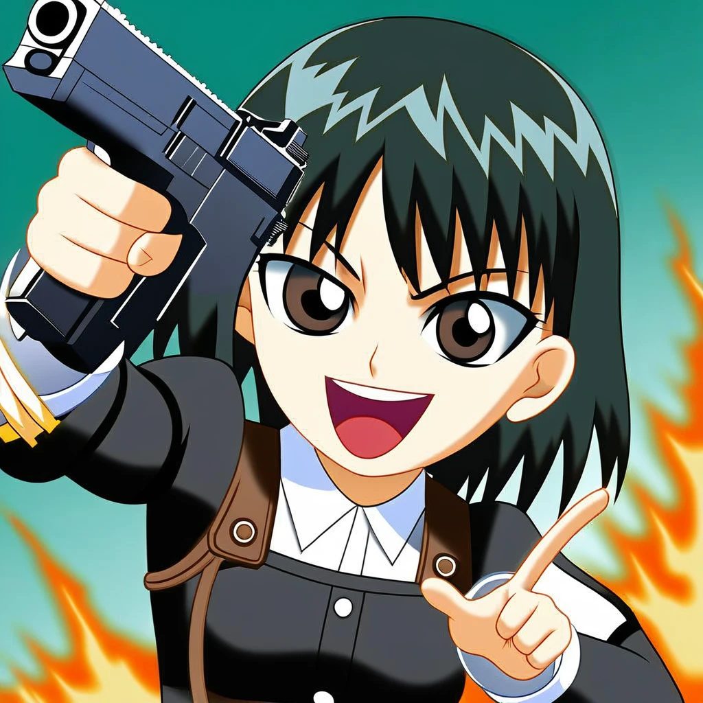 A woman holding a gun and pointing it at the camera, with pistol, anime shot, anime machine gun fire, with a gun, female action anime girl, gapmoe yandere, shooting pose, holding gun, holding a pistol, trigger anime artstyle, holding a gun, dramatic wielding gun pose, brandishing a gun, vector style, chibi